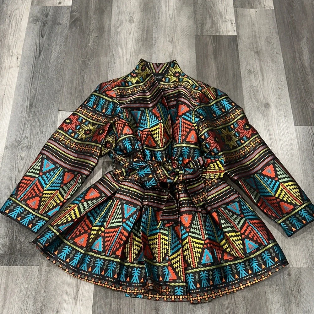 Ashro Multicolor Tribal Print Jacket, swing jacket, large pleats, removable belt - Picture 1 of 7